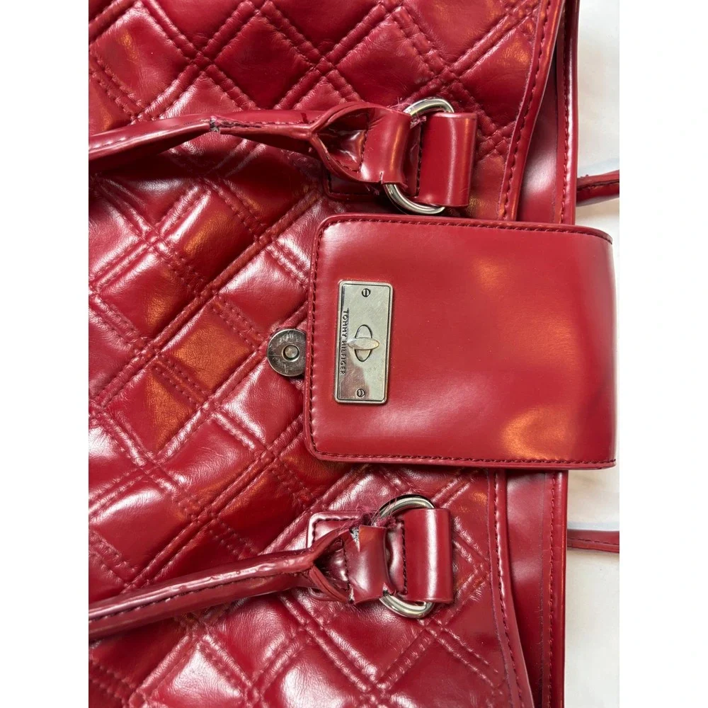 Tommy Hilfiger Red Quilted Faux Leather Shoulder Bag Tote Silver Tone Hardware